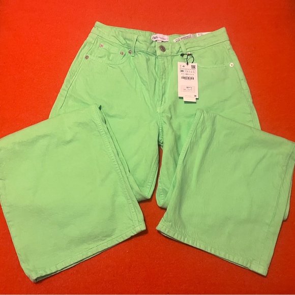 Zara neon green wide leg mid-rise full length jeans NWT - Picture 2 of 9